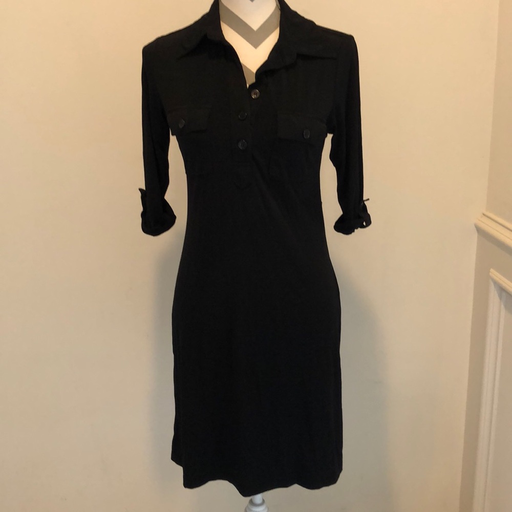 Sweet Women's Black 3/4 Sleeve Dress Roll Up Button Cuff Collar Petite 4P Petite